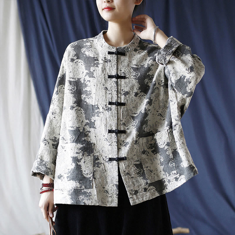 Camisa de chaqueta de lino de algodón de manga larga con diseño de botones de rana y estampado de Buddha Stones con bolsillos