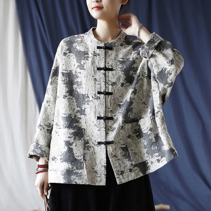 Camisa de chaqueta de lino de algodón de manga larga con diseño de botones de rana y estampado de Buddha Stones con bolsillos