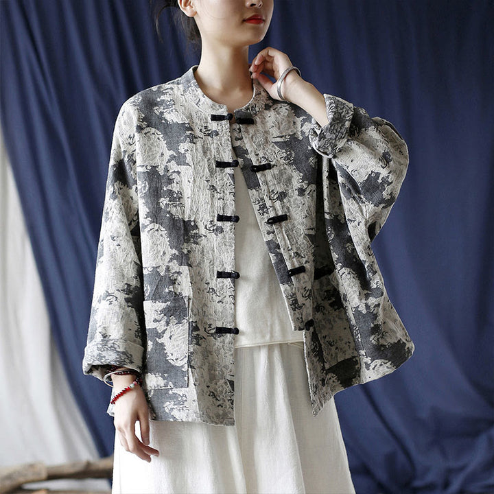 Camisa de chaqueta de lino de algodón de manga larga con diseño de botones de rana y estampado de Buddha Stones con bolsillos