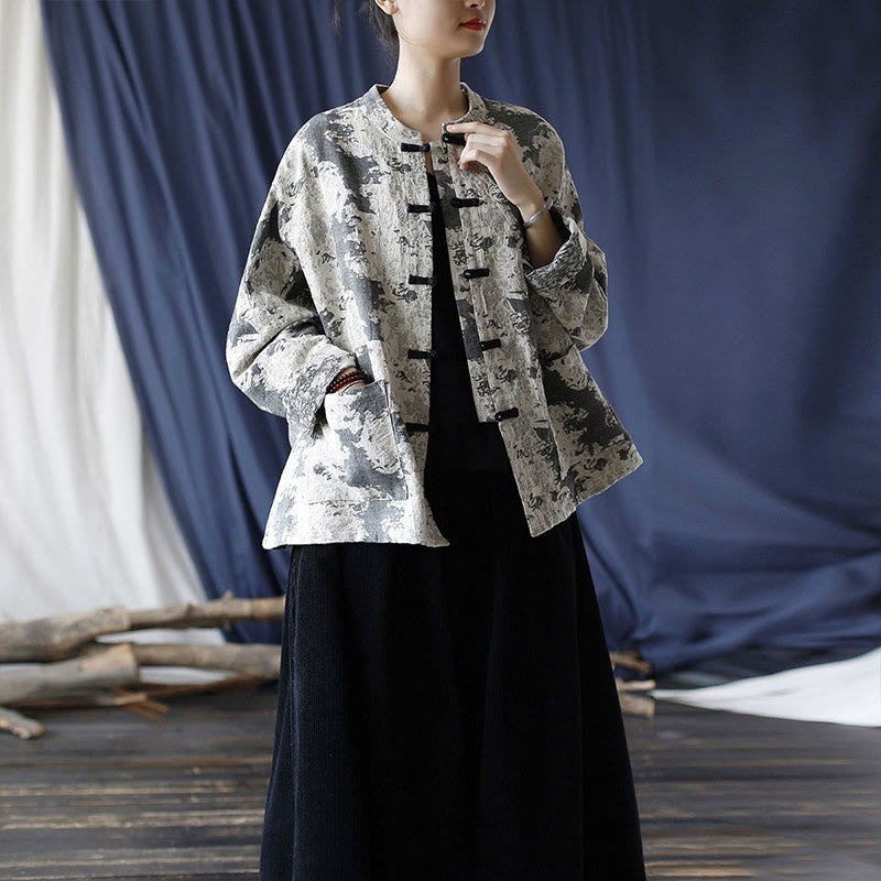 Camisa de chaqueta de lino de algodón de manga larga con diseño de botones de rana y estampado de Buddha Stones con bolsillos