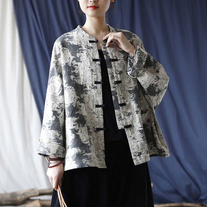 Camisa de chaqueta de lino de algodón de manga larga con diseño de botones de rana y estampado de Buddha Stones con bolsillos