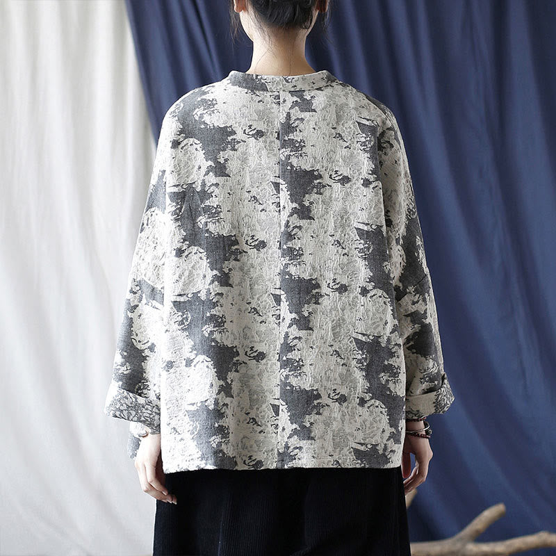 Camisa de chaqueta de lino de algodón de manga larga con diseño de botones de rana y estampado de Buddha Stones con bolsillos