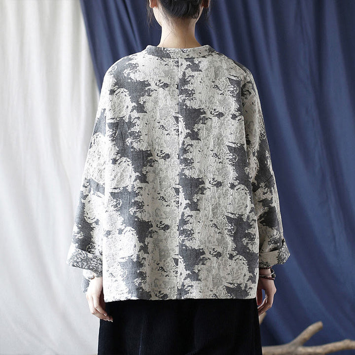 Camisa de chaqueta de lino de algodón de manga larga con diseño de botones de rana y estampado de Buddha Stones con bolsillos