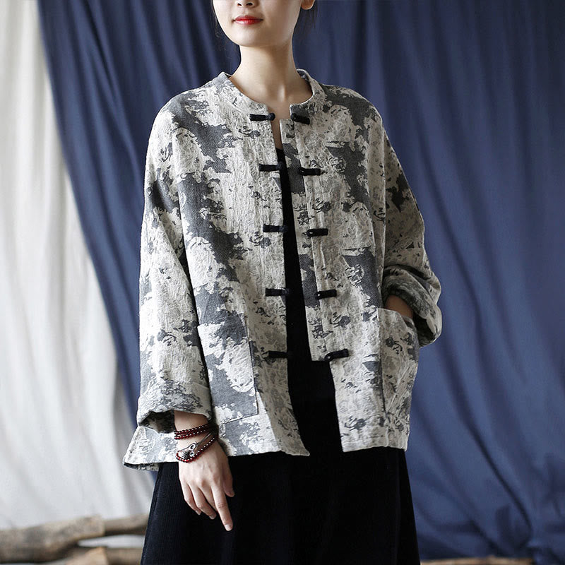 Camisa de chaqueta de lino de algodón de manga larga con diseño de botones de rana y estampado de Buddha Stones con bolsillos