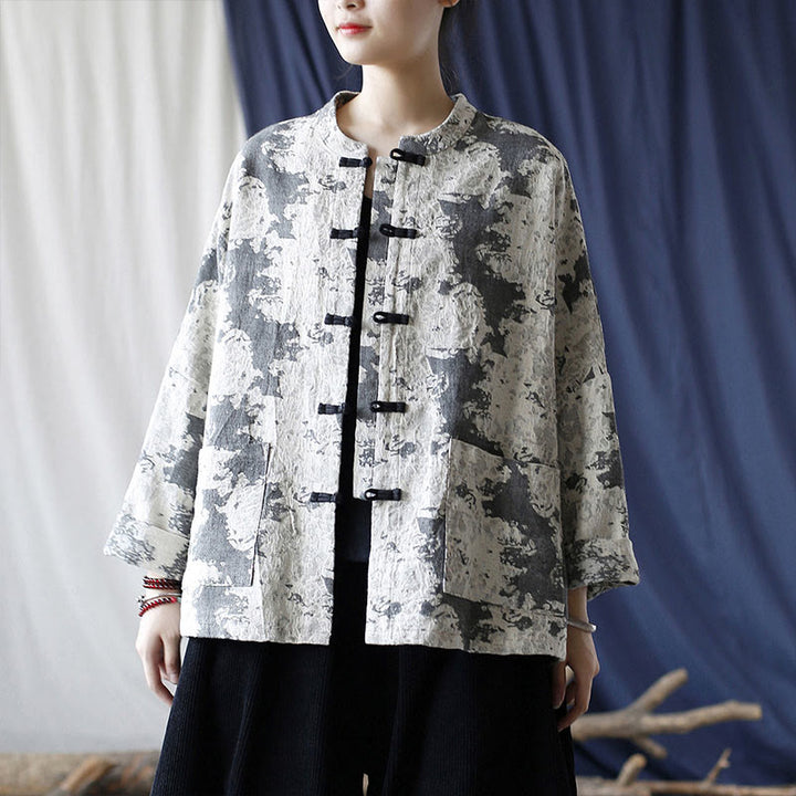 Camisa de chaqueta de lino de algodón de manga larga con diseño de botones de rana y estampado de Buddha Stones con bolsillos