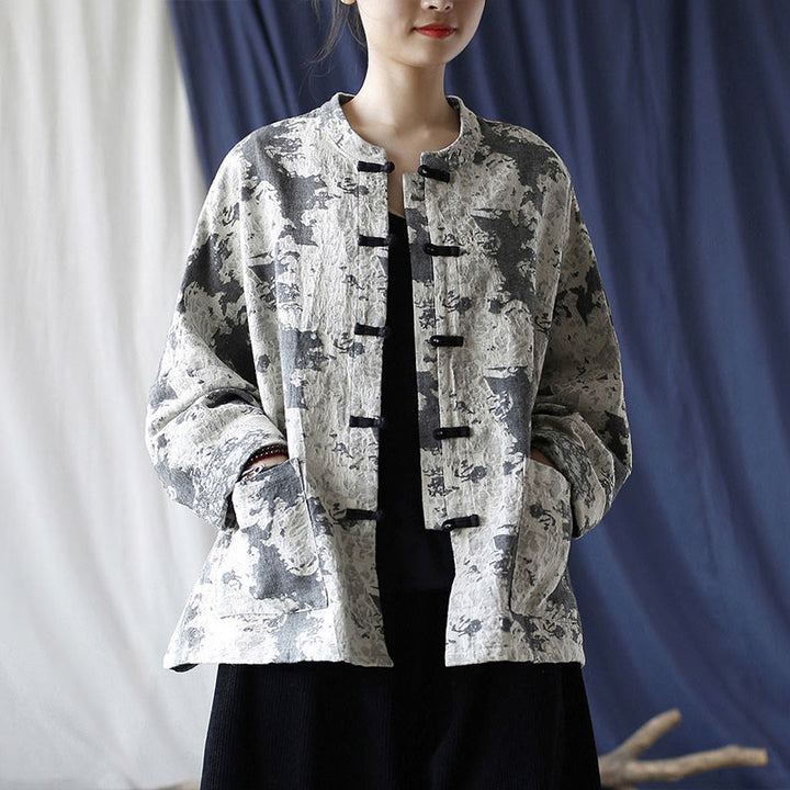 Camisa de chaqueta de lino de algodón de manga larga con diseño de botones de rana y estampado de Buddha Stones con bolsillos - image 24
