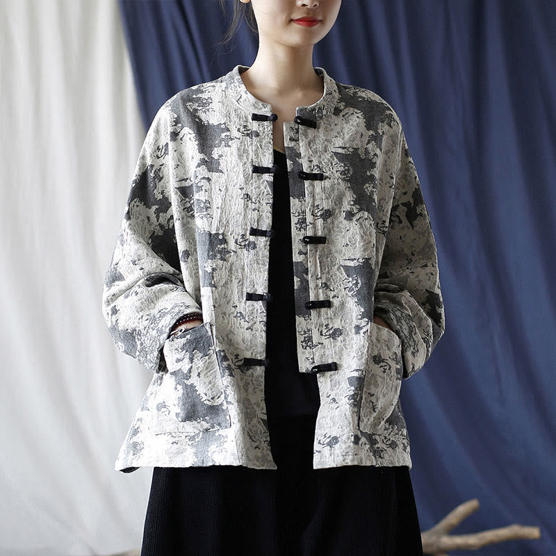 Camisa de chaqueta de lino de algodón de manga larga con diseño de botones de rana y estampado de Buddha Stones con bolsillos
