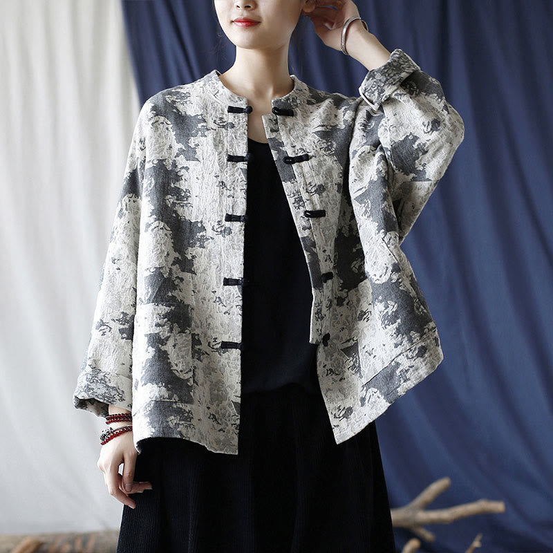 Camisa de chaqueta de lino de algodón de manga larga con diseño de botones de rana y estampado de Buddha Stones con bolsillos