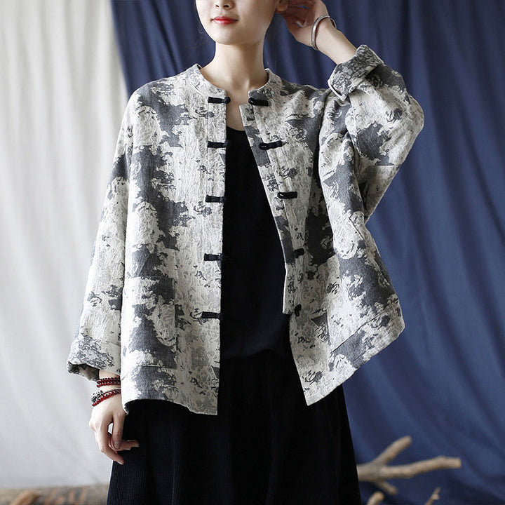 Camisa de chaqueta de lino de algodón de manga larga con diseño de botones de rana y estampado de Buddha Stones con bolsillos