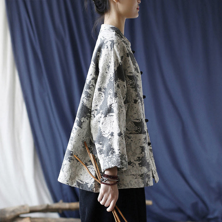 Camisa de chaqueta de lino de algodón de manga larga con diseño de botones de rana y estampado de Buddha Stones con bolsillos