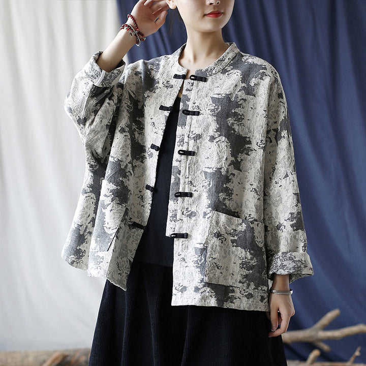 Camisa de chaqueta de lino de algodón de manga larga con diseño de botones de rana y estampado de Buddha Stones con bolsillos