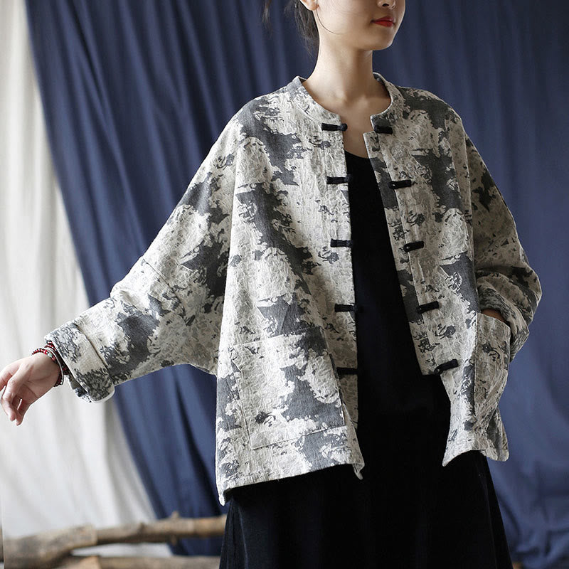 Camisa de chaqueta de lino de algodón de manga larga con diseño de botones de rana y estampado de Buddha Stones con bolsillos