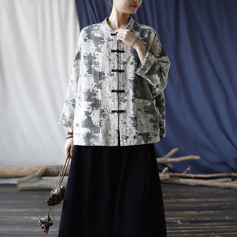 Camisa de chaqueta de lino de algodón de manga larga con diseño de botones de rana y estampado de Buddha Stones con bolsillos