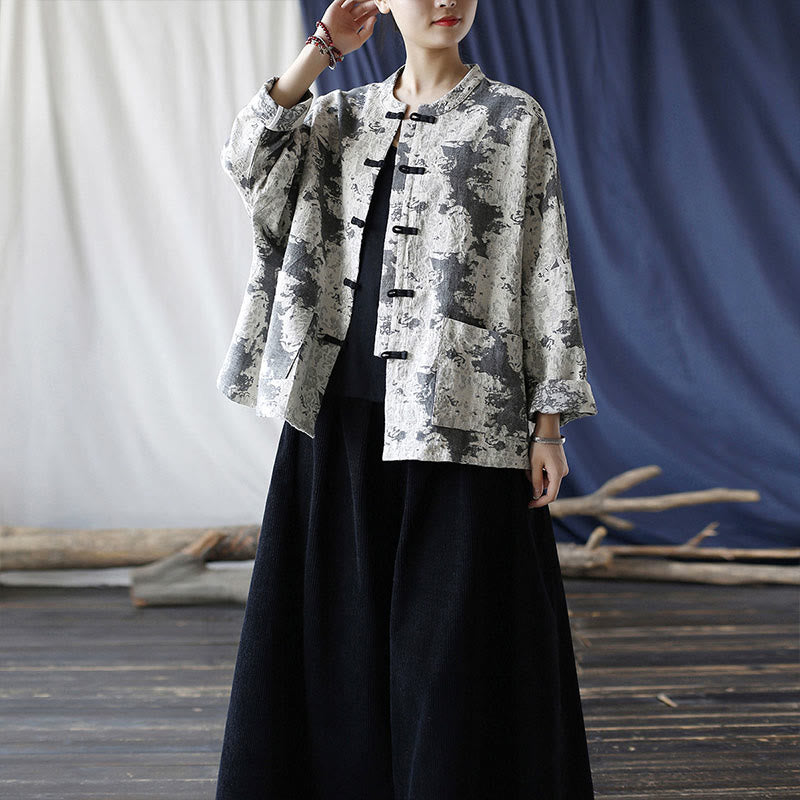 Camisa de chaqueta de lino de algodón de manga larga con diseño de botones de rana y estampado de Buddha Stones con bolsillos