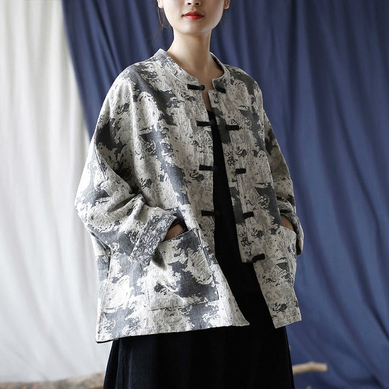 Camisa de chaqueta de lino de algodón de manga larga con diseño de botones de rana y estampado de Buddha Stones con bolsillos