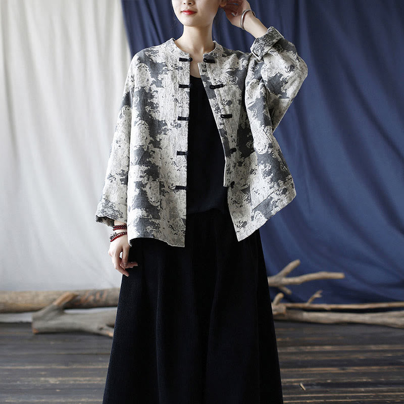 Camisa de chaqueta de lino de algodón de manga larga con diseño de botones de rana y estampado de Buddha Stones con bolsillos