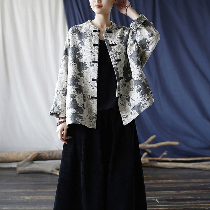 Camisa de chaqueta de lino de algodón de manga larga con diseño de botones de rana y estampado de Buddha Stones con bolsillos
