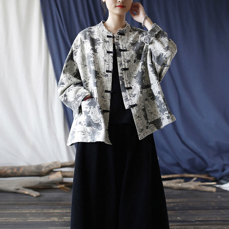 Camisa de chaqueta de lino de algodón de manga larga con diseño de botones de rana y estampado de Buddha Stones con bolsillos