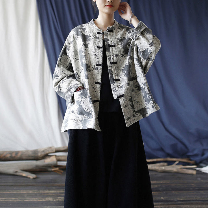 Camisa de chaqueta de lino de algodón de manga larga con diseño de botones de rana y estampado de Buddha Stones con bolsillos