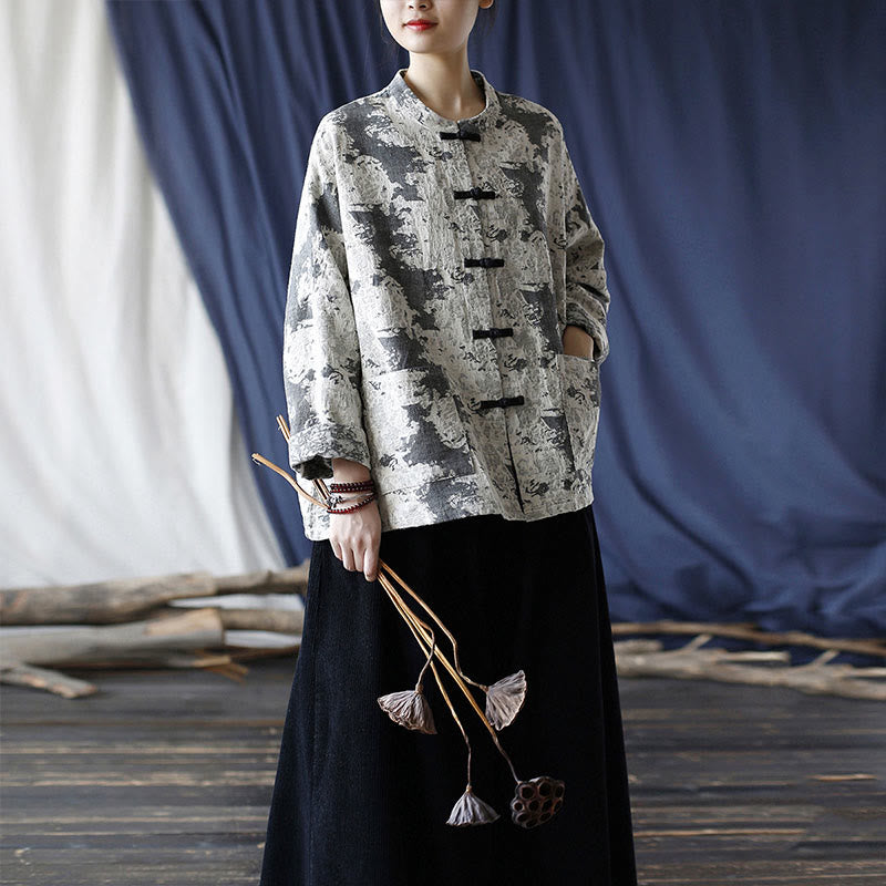 Camisa de chaqueta de lino de algodón de manga larga con diseño de botones de rana y estampado de Buddha Stones con bolsillos