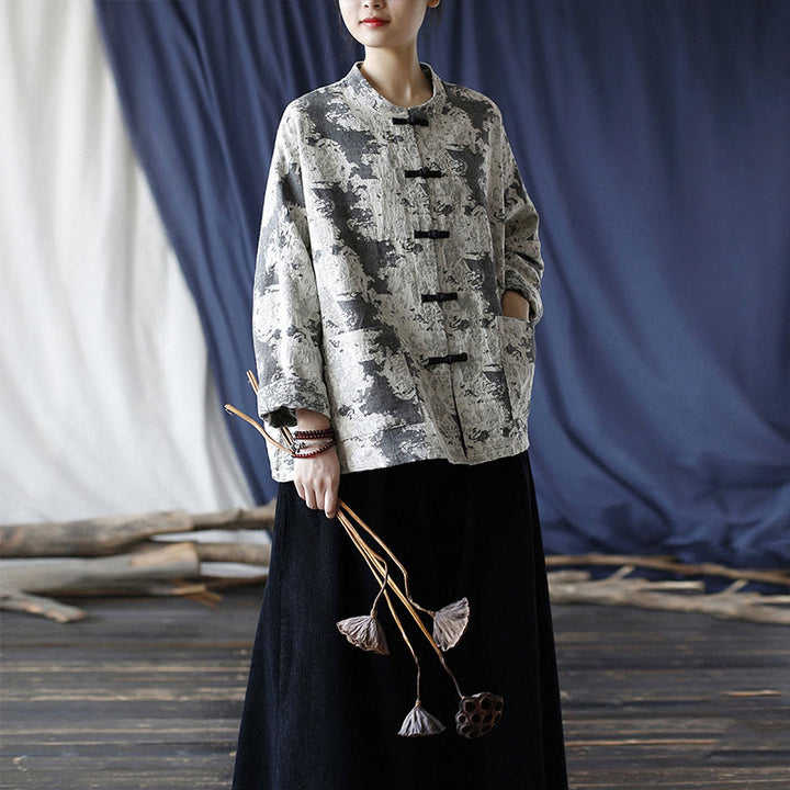 Camisa de chaqueta de lino de algodón de manga larga con diseño de botones de rana y estampado de Buddha Stones con bolsillos