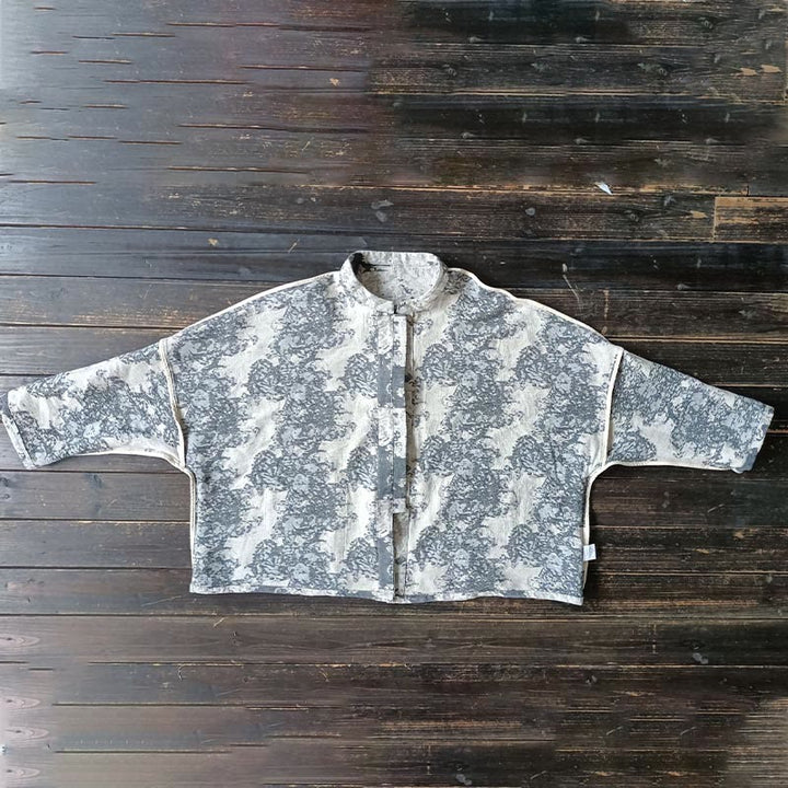 Camisa de chaqueta de lino de algodón de manga larga con diseño de botones de rana y estampado de Buddha Stones con bolsillos