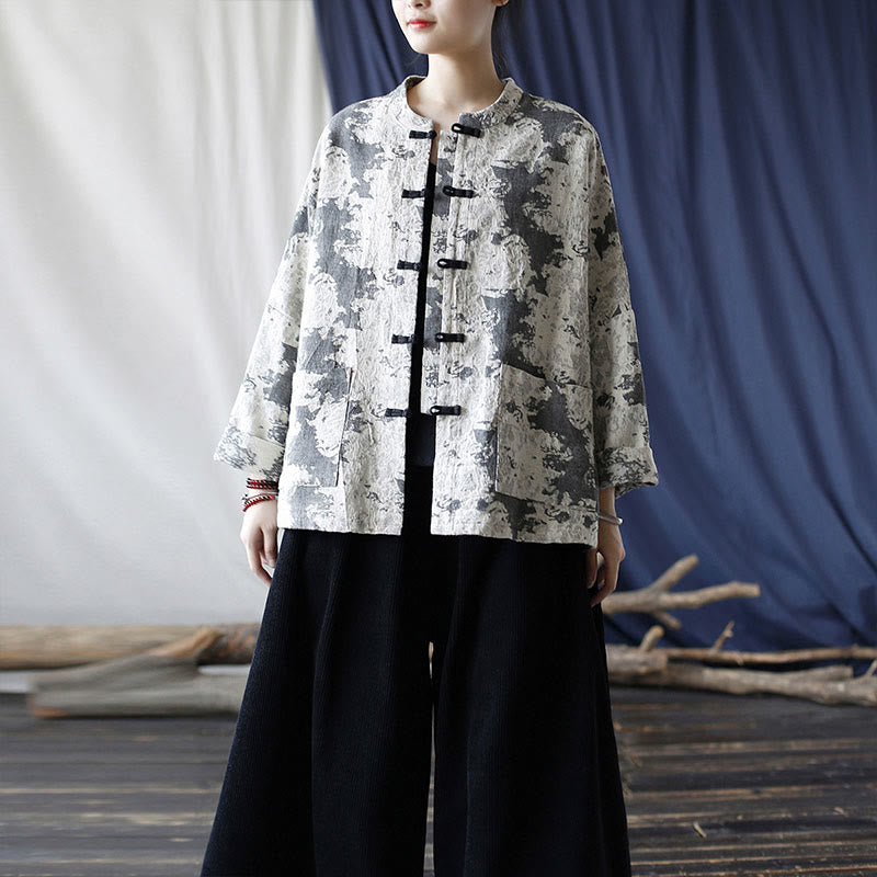 Camisa de chaqueta de lino de algodón de manga larga con diseño de botones de rana y estampado de Buddha Stones con bolsillos