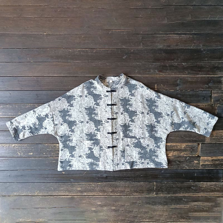 Camisa de chaqueta de lino de algodón de manga larga con diseño de botones de rana y estampado de Buddha Stones con bolsillos