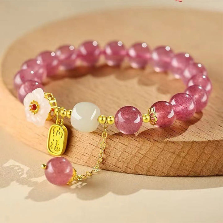 Pulsera curativa de cristal rosa con carácter Fu de cuarzo fresa y Buddha Stones