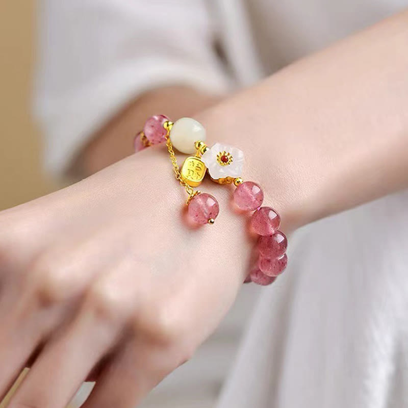 Pulsera curativa de cristal rosa con carácter Fu de cuarzo fresa y Buddha Stones - image 2