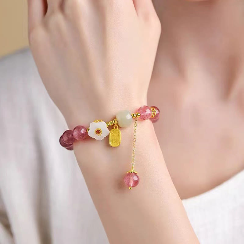 Pulsera curativa de cristal rosa con carácter Fu de cuarzo fresa y Buddha Stones - image 3