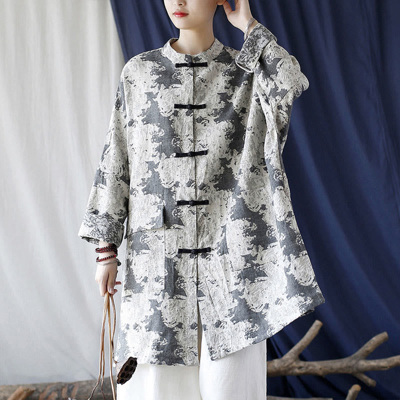 Buddha Stones Camisa de chaqueta de lino de algodón de manga larga con estampado de botones de rana en negro, gris y beige con bolsillos