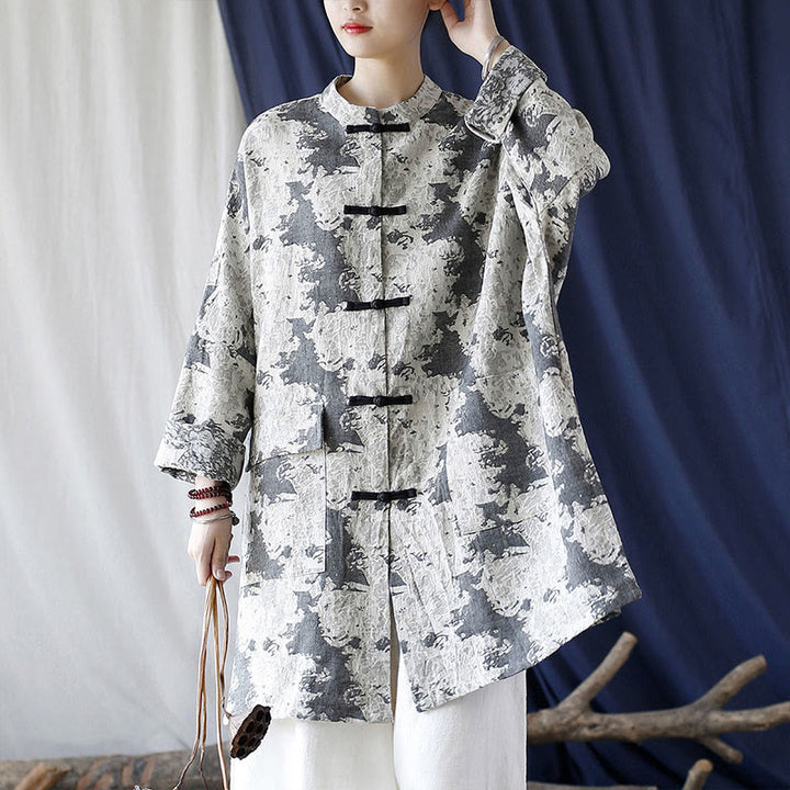 Buddha Stones Camisa de chaqueta de lino de algodón de manga larga con estampado de botones de rana en negro, gris y beige con bolsillos