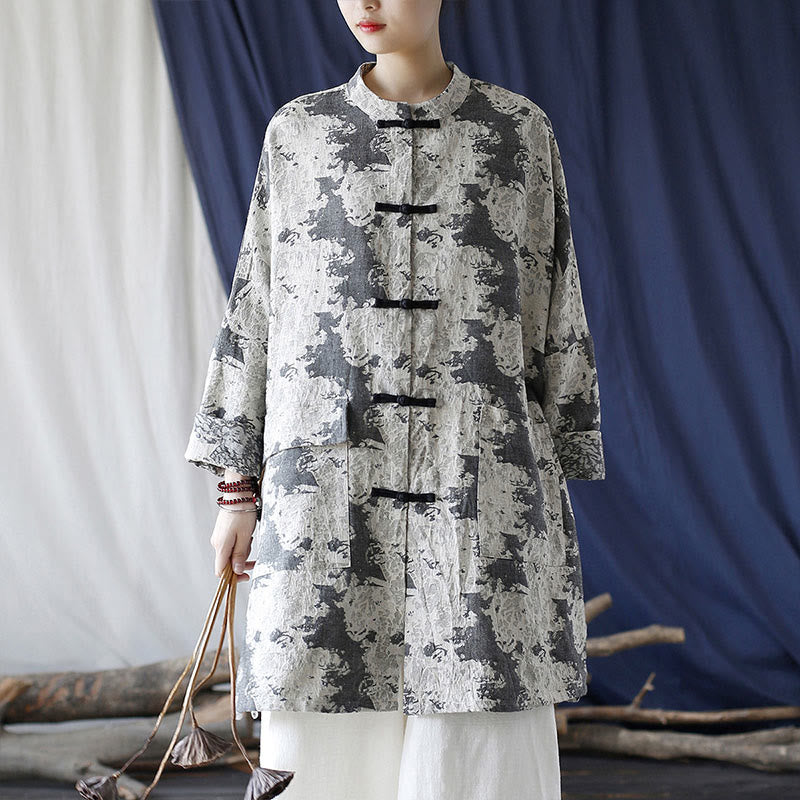 Buddha Stones Camisa de chaqueta de lino de algodón de manga larga con estampado de botones de rana en negro, gris y beige con bolsillos