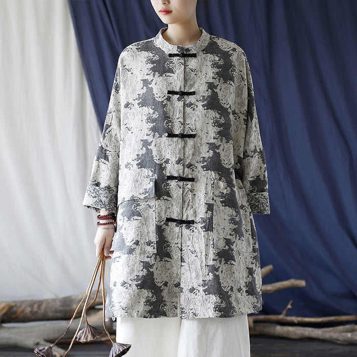 Buddha Stones Camisa de chaqueta de lino de algodón de manga larga con estampado de botones de rana en negro, gris y beige con bolsillos