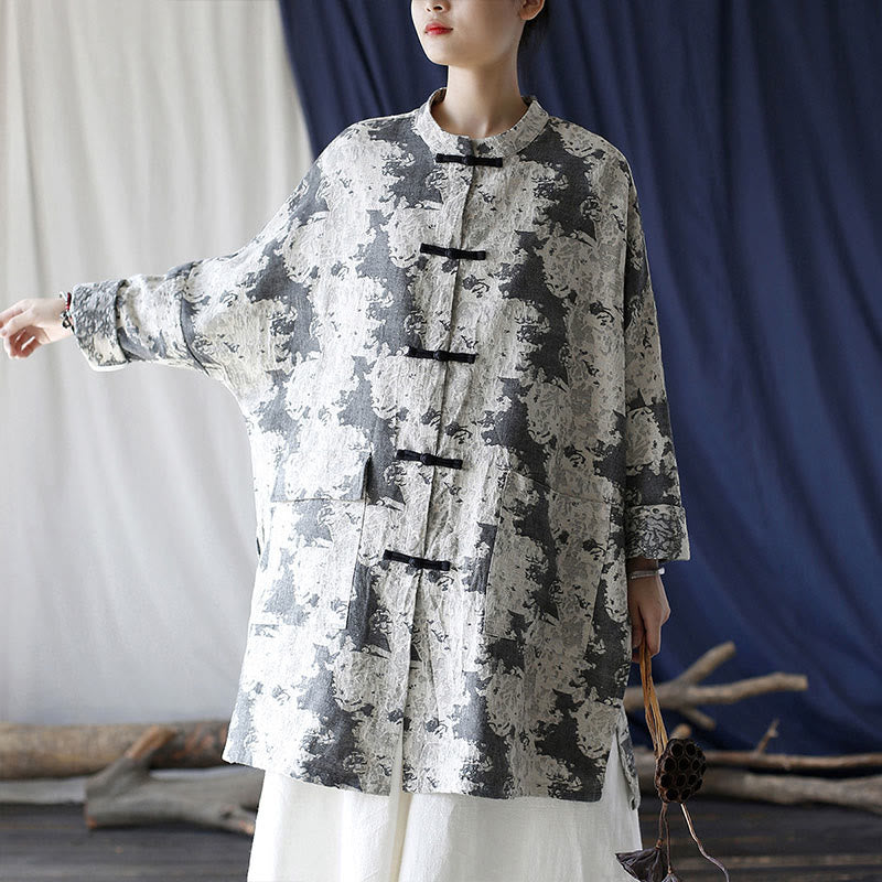 Buddha Stones Camisa de chaqueta de lino de algodón de manga larga con estampado de botones de rana en negro, gris y beige con bolsillos