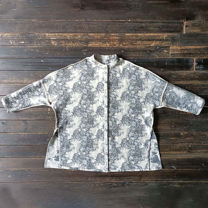 Buddha Stones Camisa de chaqueta de lino de algodón de manga larga con estampado de botones de rana en negro, gris y beige con bolsillos