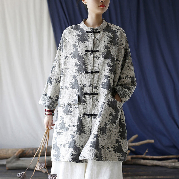 Buddha Stones Camisa de chaqueta de lino de algodón de manga larga con estampado de botones de rana en negro, gris y beige con bolsillos