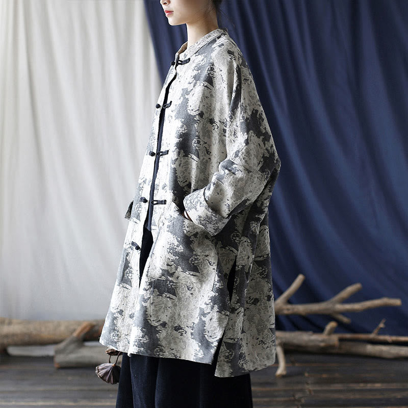 Buddha Stones Camisa de chaqueta de lino de algodón de manga larga con estampado de botones de rana en negro, gris y beige con bolsillos