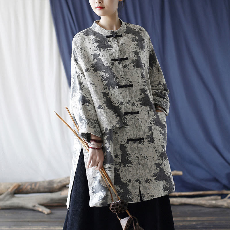 Buddha Stones Camisa de chaqueta de lino de algodón de manga larga con estampado de botones de rana en negro, gris y beige con bolsillos