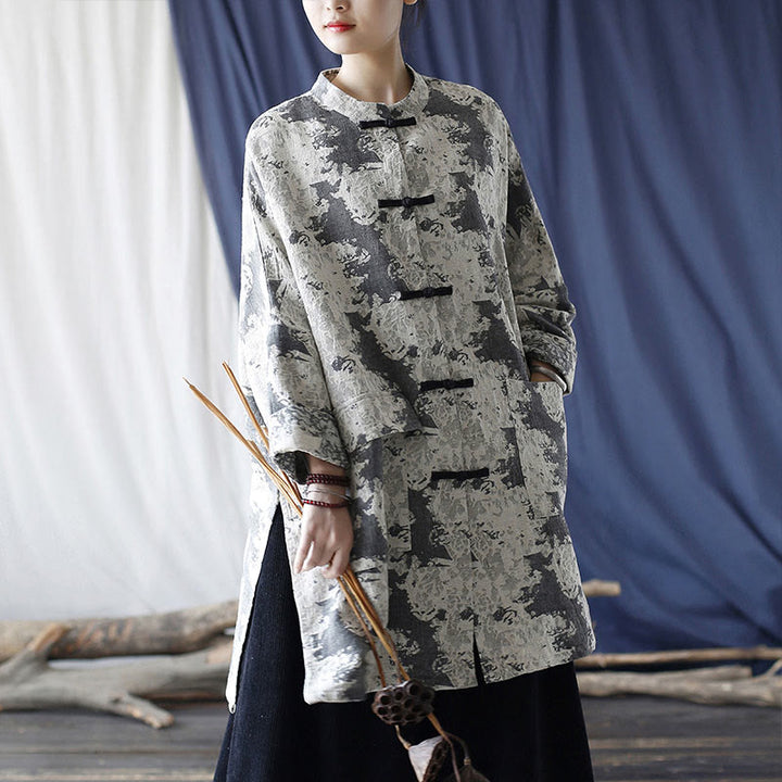 Buddha Stones Camisa de chaqueta de lino de algodón de manga larga con estampado de botones de rana en negro, gris y beige con bolsillos