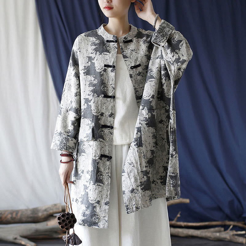Buddha Stones Camisa de chaqueta de lino de algodón de manga larga con estampado de botones de rana en negro, gris y beige con bolsillos