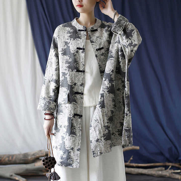 Buddha Stones Camisa de chaqueta de lino de algodón de manga larga con estampado de botones de rana en negro, gris y beige con bolsillos