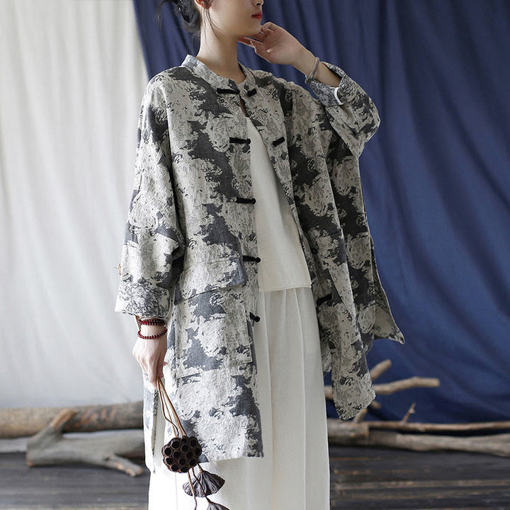 Buddha Stones Camisa de chaqueta de lino de algodón de manga larga con estampado de botones de rana en negro, gris y beige con bolsillos