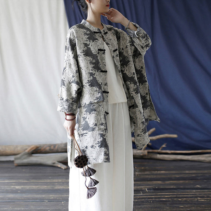 Buddha Stones Camisa de chaqueta de lino de algodón de manga larga con estampado de botones de rana en negro, gris y beige con bolsillos