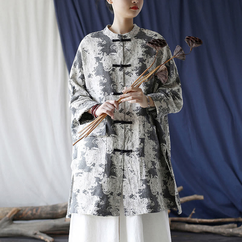 Buddha Stones Camisa de chaqueta de lino de algodón de manga larga con estampado de botones de rana en negro, gris y beige con bolsillos