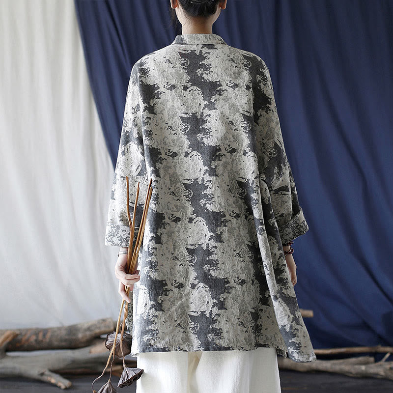 Buddha Stones Camisa de chaqueta de lino de algodón de manga larga con estampado de botones de rana en negro, gris y beige con bolsillos