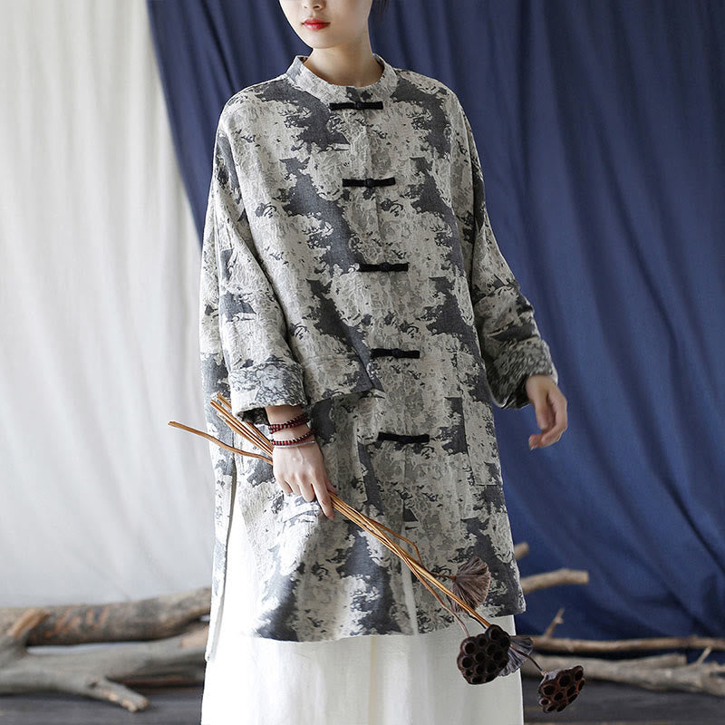 Buddha Stones Camisa de chaqueta de lino de algodón de manga larga con estampado de botones de rana en negro, gris y beige con bolsillos