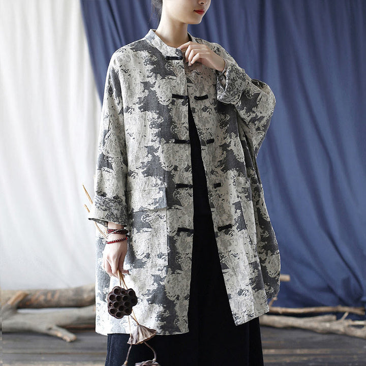 Buddha Stones Camisa de chaqueta de lino de algodón de manga larga con estampado de botones de rana en negro, gris y beige con bolsillos