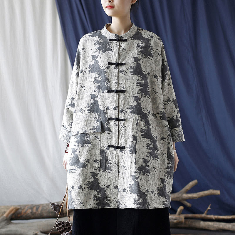 Buddha Stones Camisa de chaqueta de lino de algodón de manga larga con estampado de botones de rana en negro, gris y beige con bolsillos